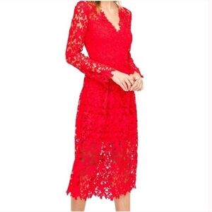 Astr The Label Red Lace‎ Long Sleeve Midi Dress Medium